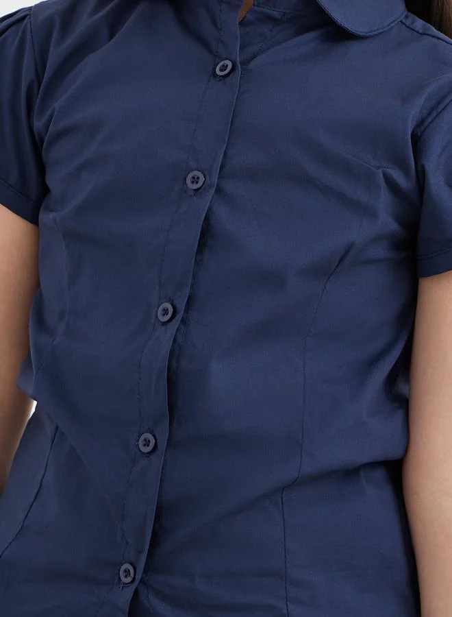 Styli Styli Girls School Uniform Navy Blue Cotton Puff Sleeves Shirt