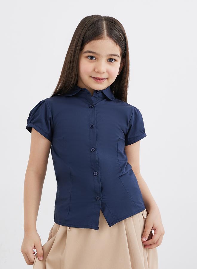 Styli Girls School Uniform Navy Blue Cotton Puff Sleeves Shirt - Image 3