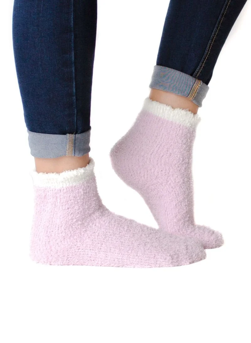 Prickly Pear Pink and White Ribbed Cozy Slipper Socks, Womens, One Size Fits Most