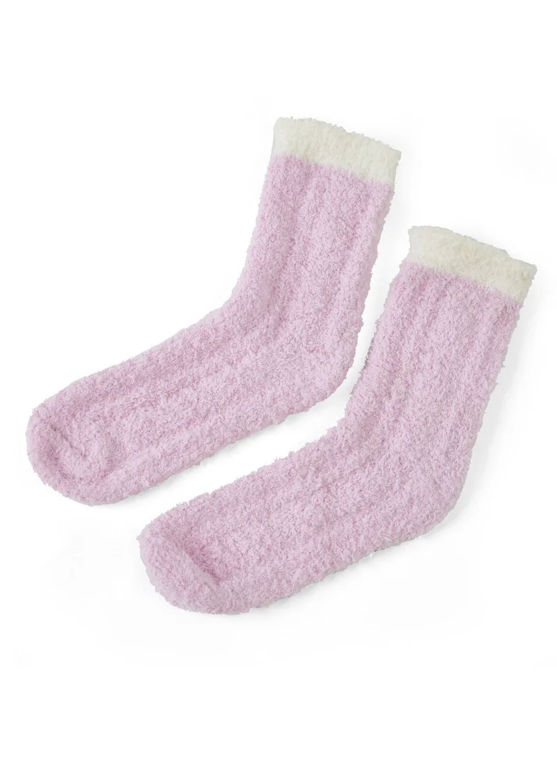 Prickly Pear Pink and White Ribbed Cozy Slipper Socks, Womens, One Size Fits Most