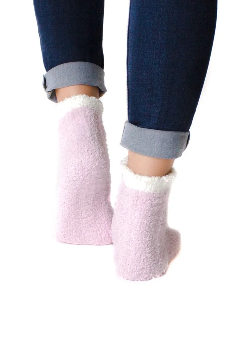 Prickly Pear Pink and White Ribbed Cozy Slipper Socks, Womens, One Size Fits Most