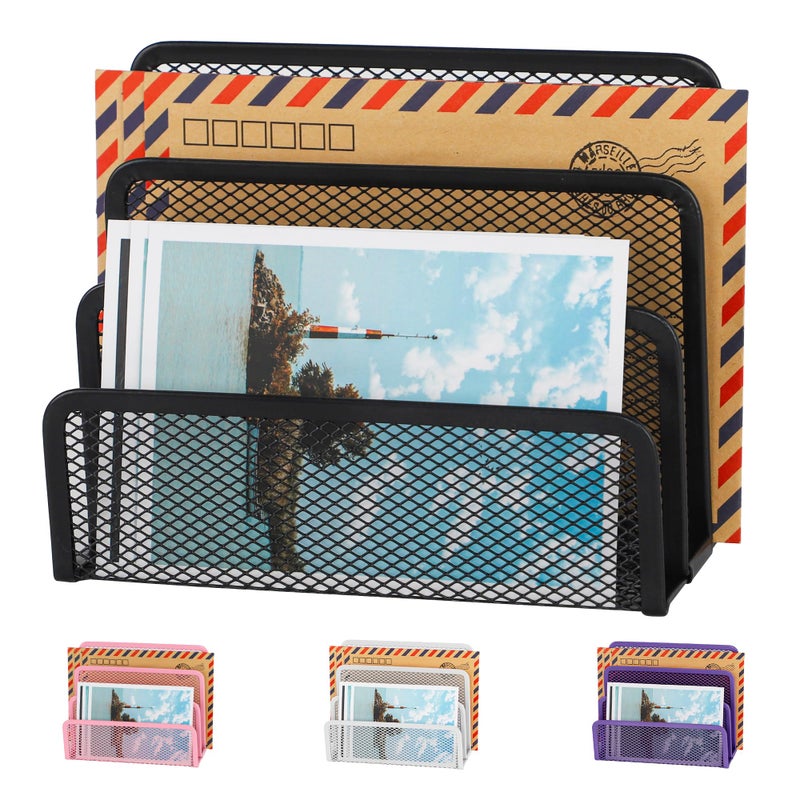 EASEPRES Desk Mail Organizer, Office Small Desktop Metal Mesh Envelope Letter Sorter Paper File Holder Organizer with 3 Vertical Upright Compartments, Black 1 Pack - Image 1