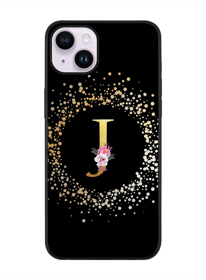 Stylizedd Rugged Black edge case for Apple iPhone 14, Slim fit Rubber Edges Thin Cover -  Custom Monogram Initial Letter Floral Pattern Alphabet - J  (Black ) - Image 1