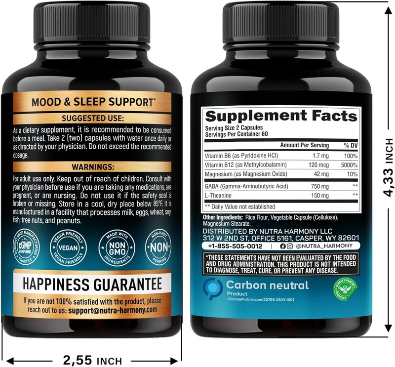 NUTRAHARMONY GABA LTheanine 900 mg  Made in USA  Magnesium  Vitamin B6  Calm Sleep Relaxation  Mood Support  750 mg Gamma AminoButyric Acid 150 mg LTheanine  NonHabit Forming Vegan  120 Capsules - Image 2