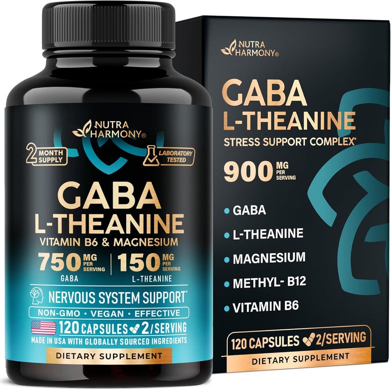 NUTRAHARMONY GABA LTheanine 900 mg  Made in USA  Magnesium  Vitamin B6  Calm Sleep Relaxation  Mood Support  750 mg Gamma AminoButyric Acid 150 mg LTheanine  NonHabit Forming Vegan  120 Capsules - Image 1