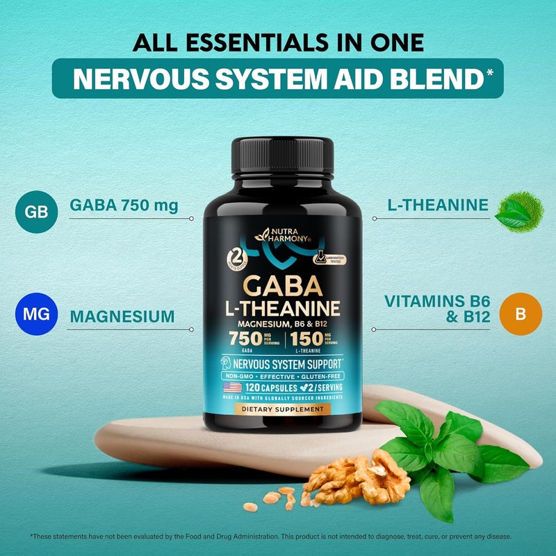 NUTRAHARMONY GABA LTheanine 900 mg  Made in USA  Magnesium  Vitamin B6  Calm Sleep Relaxation  Mood Support  750 mg Gamma AminoButyric Acid 150 mg LTheanine  NonHabit Forming Vegan  120 Capsules - Image 4