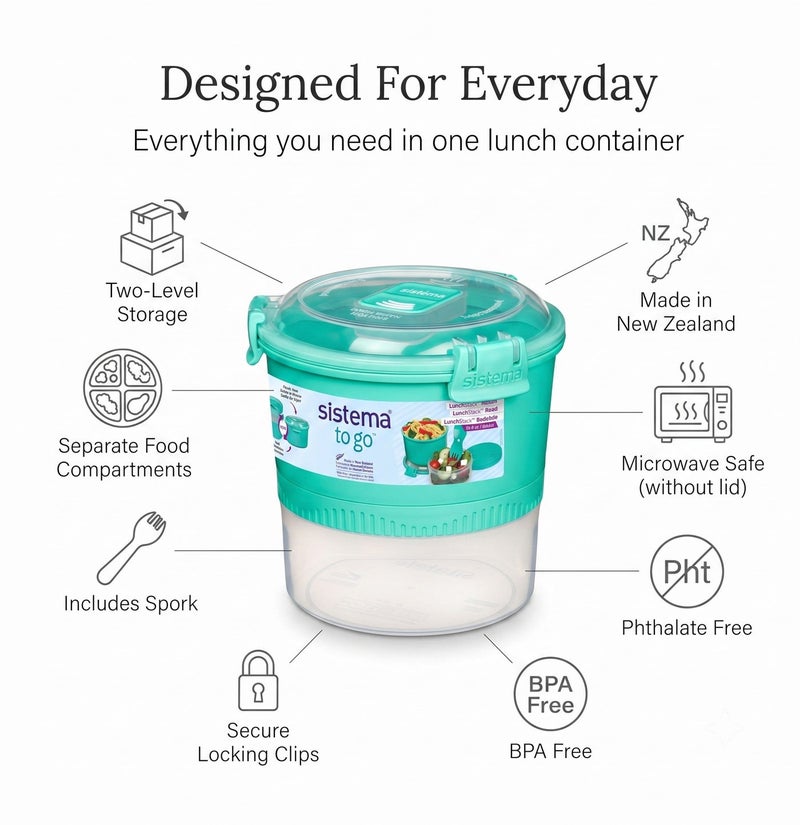 Sistema Lunch Stack To Go Round 965ml Teal – BPA Free Microwave Food Container with Steam Release Vent, Stackable Reusable Lunch Box for Meal Prep, Office, School & Travel - Image 5