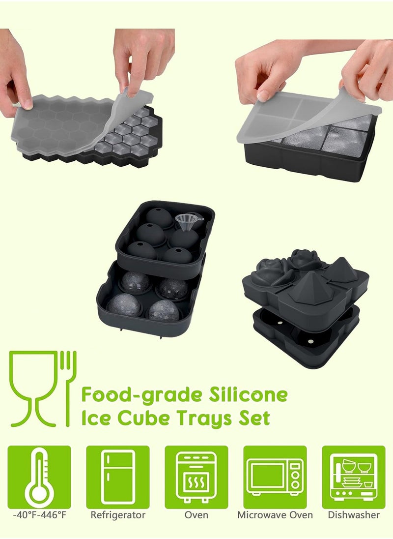 LEOKOR 4 Pcs Ice Cube Trays with Lid and Funnel, Easy Release Ice Cube Maker Rose, Diamond, Sphere, Square and Hexagon Shapes Black  - Image 5