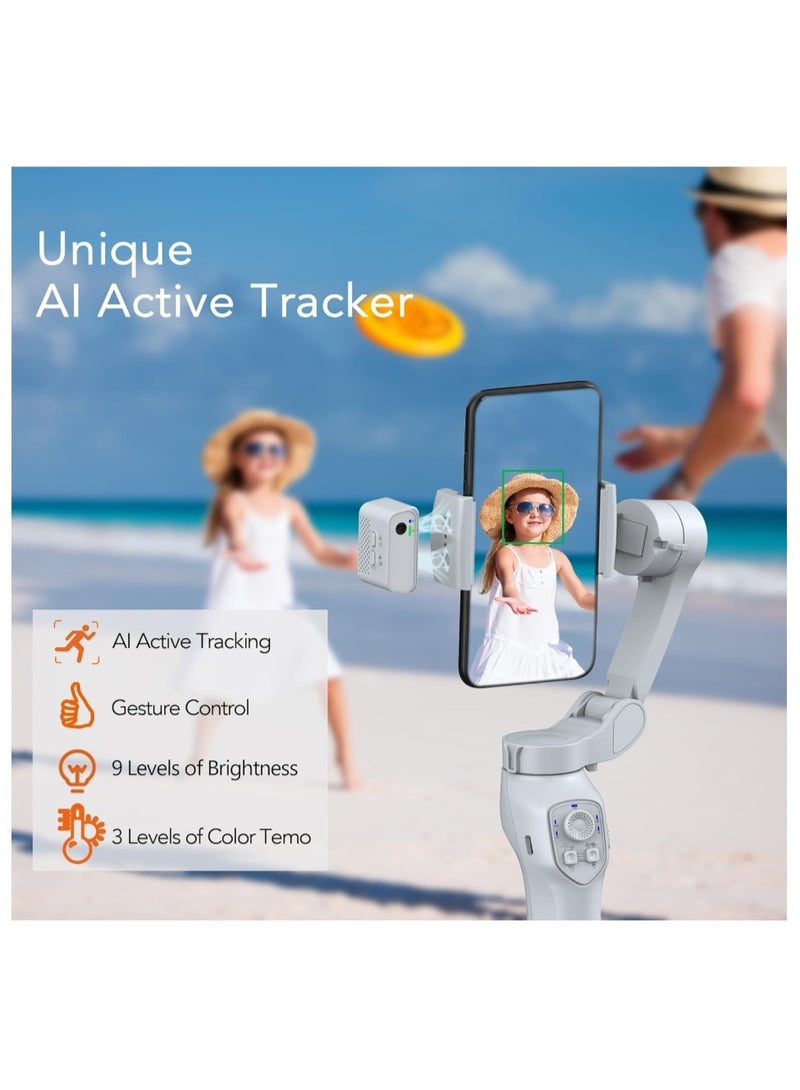 Ainawo 3-Axis Phone Gimbal With Magnetic AI Active Tracker,Gimbal Stabilizer For Smartphone With Fill Light,Phone Stabilizer For Video Recording,Gimbal For Android&iPhone,TikTok YouTube Vlogging Kit，L7C PRO AI White - Image 2