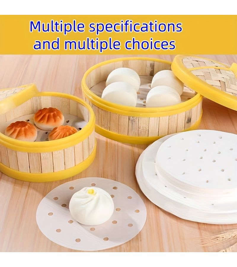 150pcs 5.91inch Disposable Steaming Paper Liners Non Stick Oil Resistant Steam Buns Dumplings Muffins Baozi Potstickers Dotted Design Secure Fit Home And Commercial Kitchen Use Food Safe Material - Image 1