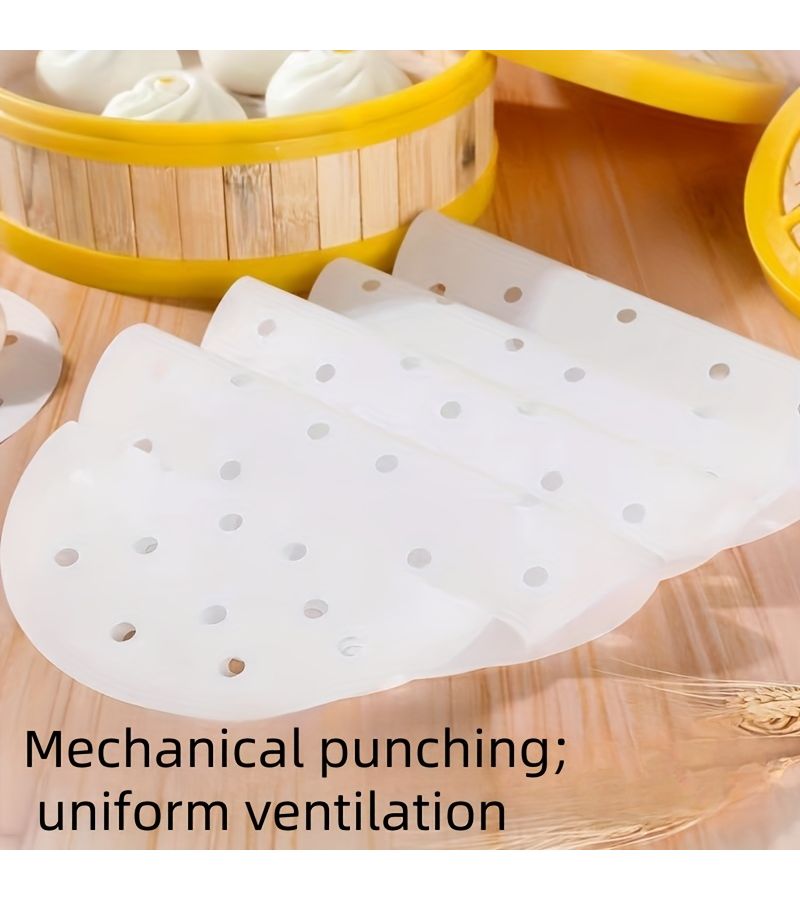 150pcs 5.91inch Disposable Steaming Paper Liners Non Stick Oil Resistant Steam Buns Dumplings Muffins Baozi Potstickers Dotted Design Secure Fit Home And Commercial Kitchen Use Food Safe Material - Image 2
