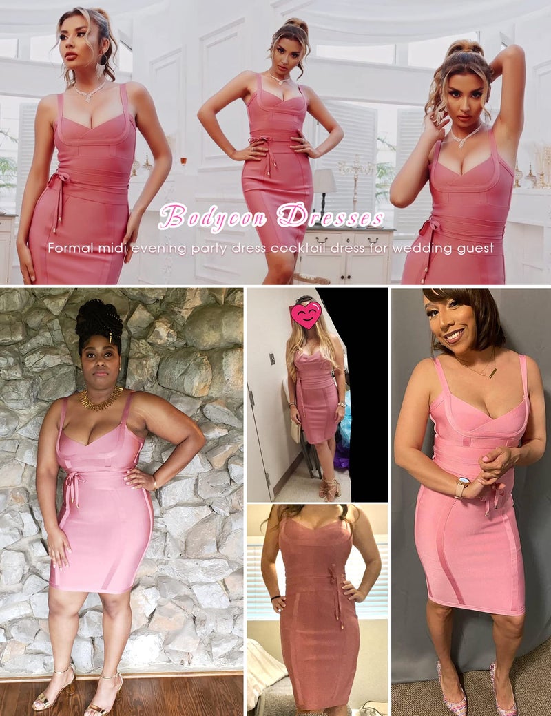 meilun Womens Bodycon Midi Dress Spaghetti Strap Bandage Cocktail Party Dress for Wedding Guest Birthday Outfit(antipink,S) - Image 2