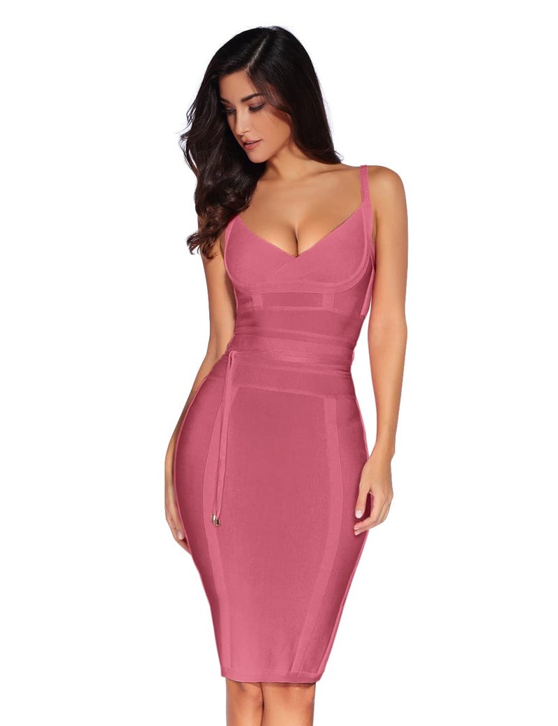 meilun Womens Bodycon Midi Dress Spaghetti Strap Bandage Cocktail Party Dress for Wedding Guest Birthday Outfit(antipink,S) - Image 1