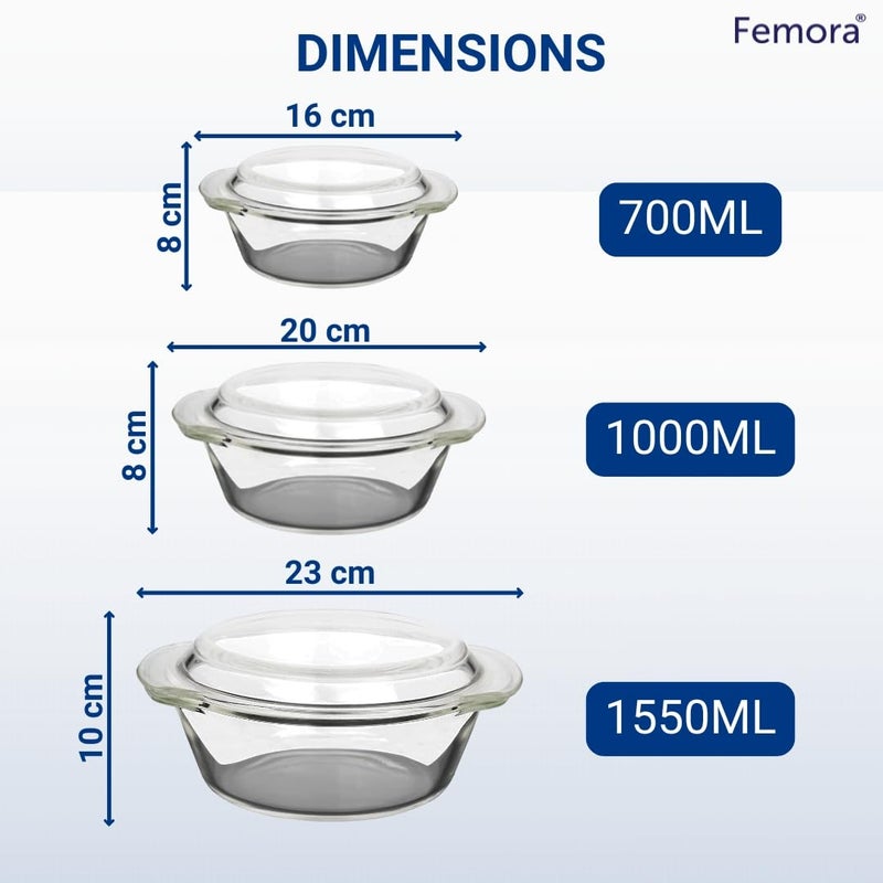 Femora Borosilicate Serving Bowl 1 Year Warranty Glass Casserole Set Glass Bowl with Lid Microwave Safe Bowl Set Dishwasher and Freezer Safe Deep Round Set of 3700ML 1000ML 1550ML - Image 4
