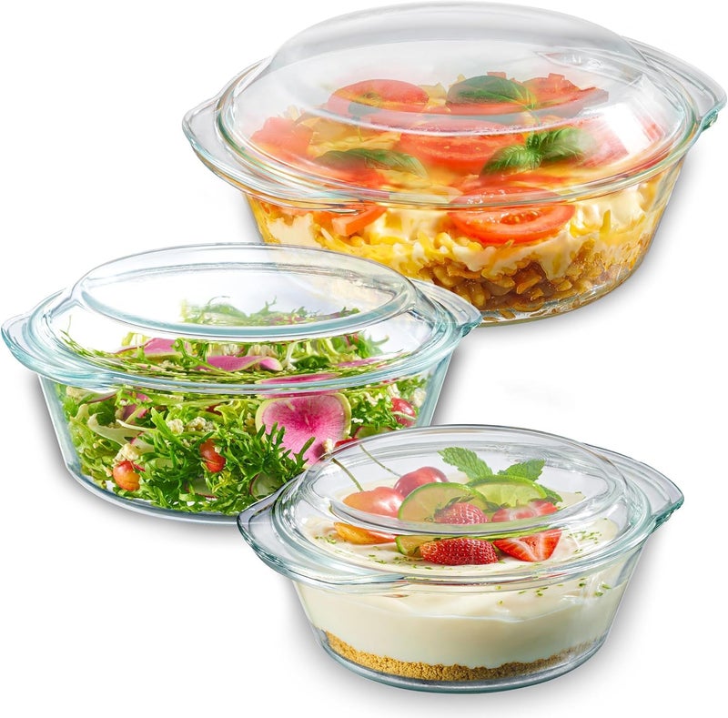 Femora Borosilicate Serving Bowl 1 Year Warranty Glass Casserole Set Glass Bowl with Lid Microwave Safe Bowl Set Dishwasher and Freezer Safe Deep Round Set of 3700ML 1000ML 1550ML - Image 1