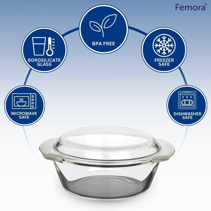 Femora Borosilicate Serving Bowl 1 Year Warranty Glass Casserole Set Glass Bowl with Lid Microwave Safe Bowl Set Dishwasher and Freezer Safe Deep Round Set of 3700ML 1000ML 1550ML - Image 3