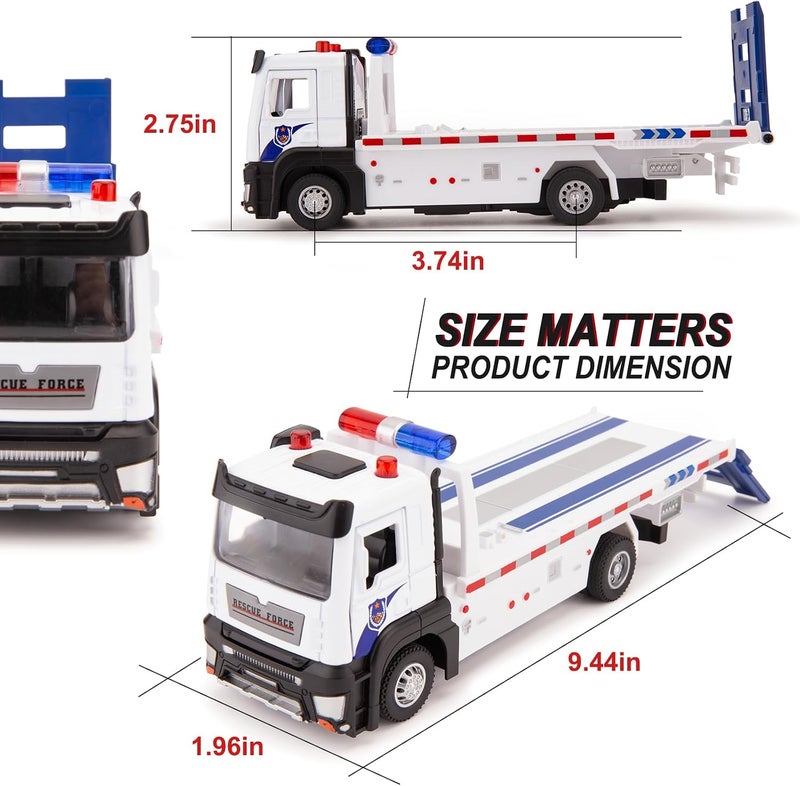 BDTCTK Friction Powered Flatbed Truck Police Car Toy with Lights and Sounds, Push and Go Construction Toy Tow Truck Great Gift for Toddlers, Boys and Girls - Image 2