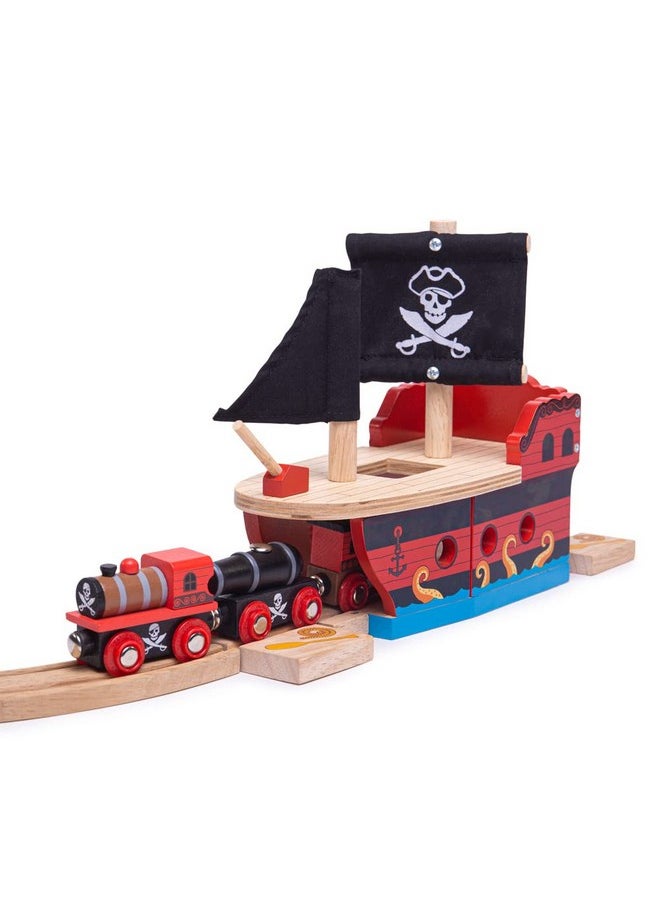 Bigjigs Rail Bigjigs Rail Wooden Pirate Ship Galleon - Pirate Accessories for Wooden Train Sets, Bigjigs Train Accessories, Pirate Ship Toys for Kids, Wooden Toys for 3 4 5 Year Olds  - Image 1