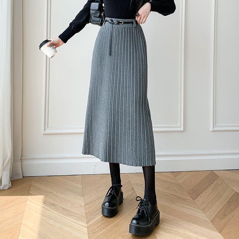 Xiao Xiang Style Knitted Skirt High Waist Belt Hip Covering Slimming Draped Skirt Over Knee Mid-Length Hip Skirt - Image 5