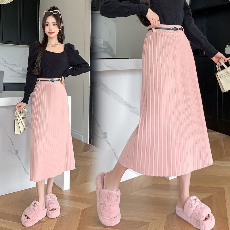 Xiao Xiang Style Knitted Skirt High Waist Belt Hip Covering Slimming Draped Skirt Over Knee Mid-Length Hip Skirt - Image 1