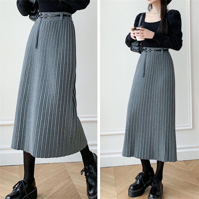 Xiao Xiang Style Knitted Skirt High Waist Belt Hip Covering Slimming Draped Skirt Over Knee Mid-Length Hip Skirt - Image 4