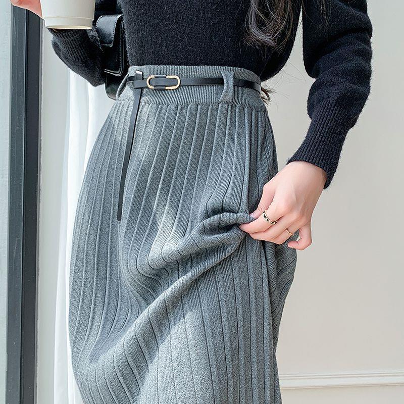 Xiao Xiang Style Knitted Skirt High Waist Belt Hip Covering Slimming Draped Skirt Over Knee Mid-Length Hip Skirt - Image 2
