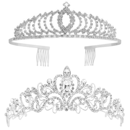 Vofler Tiaras and Crowns, Vofler 2 Pack Crystal Rhinestone Headband Headpiece Hair Jewelry for Women Ladies Girls Bridal Bride Princess Queen Birthday Wedding Pageant Prom Halloween Costume Party Silver - Image 1