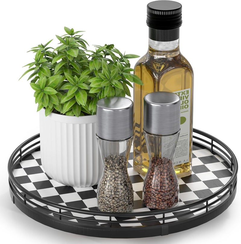 AMH Black and White Kitchen Lazy Susan Turntable – Checkered Round Decorative Tray, 10” Table Top Oak Wood Lazy Susan for Cookies, Dining Table Organizer, Small Kitchen Table Centerpiece - Image 1