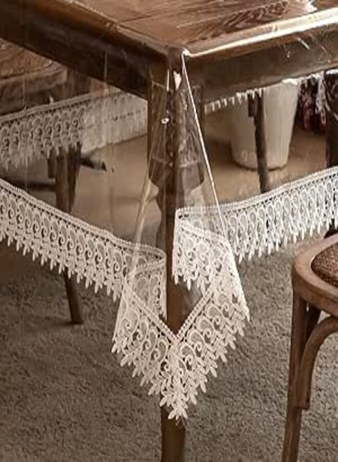 ARTABLE Vinyl PVC Rectangle Tablecloth Waterproof Clear Table Cover with Champagne Lace Macrame Border for Wedding Kitchen Home Outdoor Indoor Holidays Party Decor (Off White, 60 x 84 Inch)