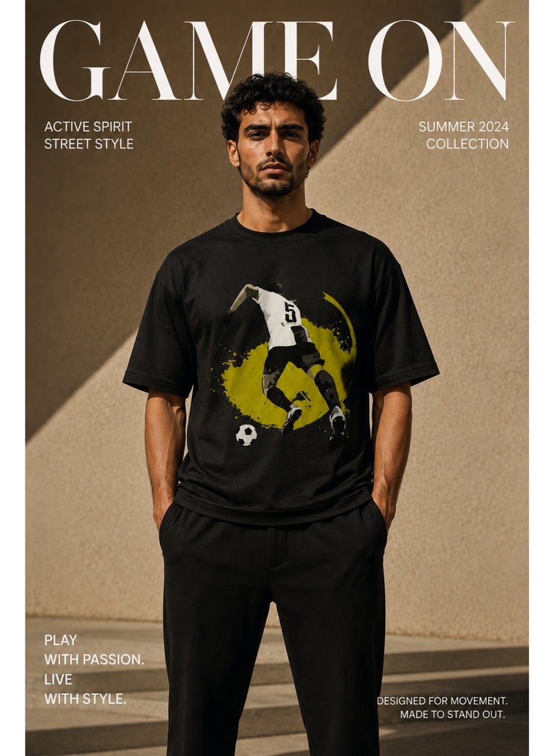 Men's Cotton Short-Sleeve T-Shirt with Soccer Player Graphic Print, Black - Image 5