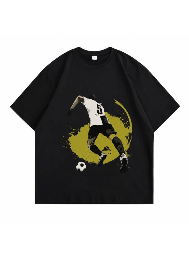 Men's Cotton Short-Sleeve T-Shirt with Soccer Player Graphic Print, Black - Image 1