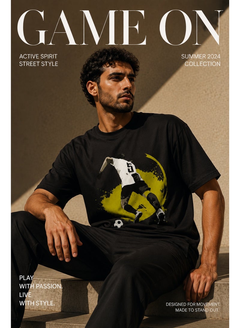 Men's Cotton Short-Sleeve T-Shirt with Soccer Player Graphic Print, Black - Image 4