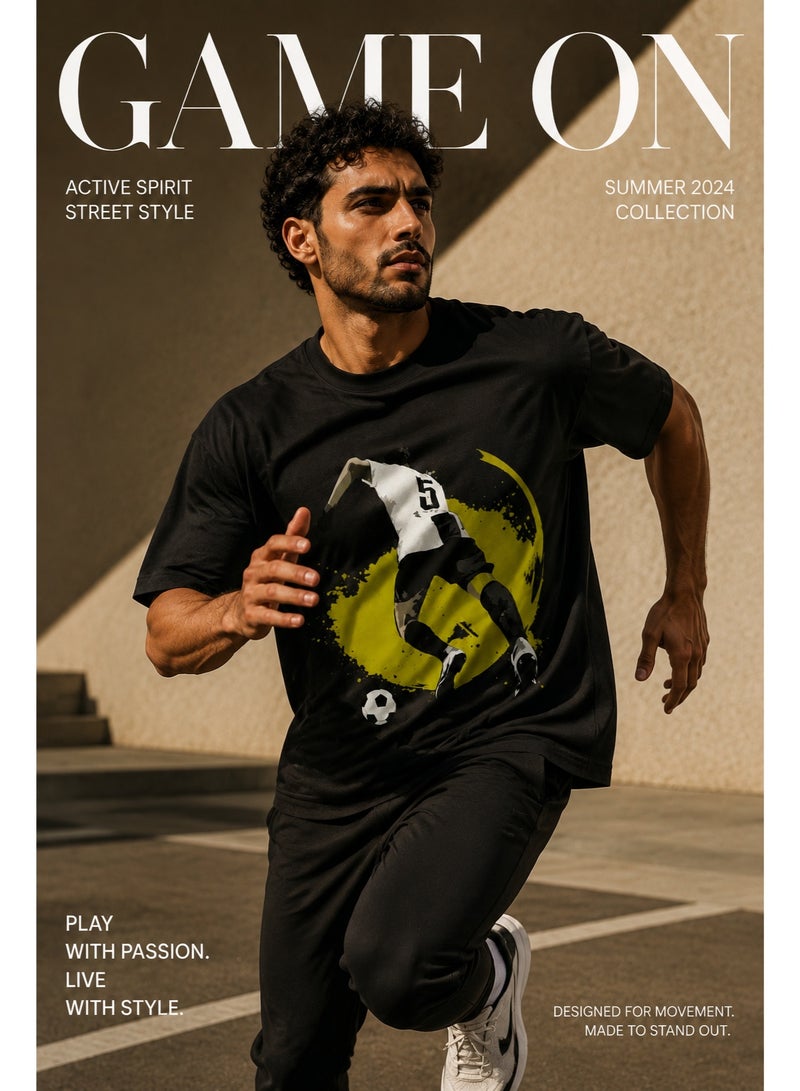 Men's Cotton Short-Sleeve T-Shirt with Soccer Player Graphic Print, Black - Image 2