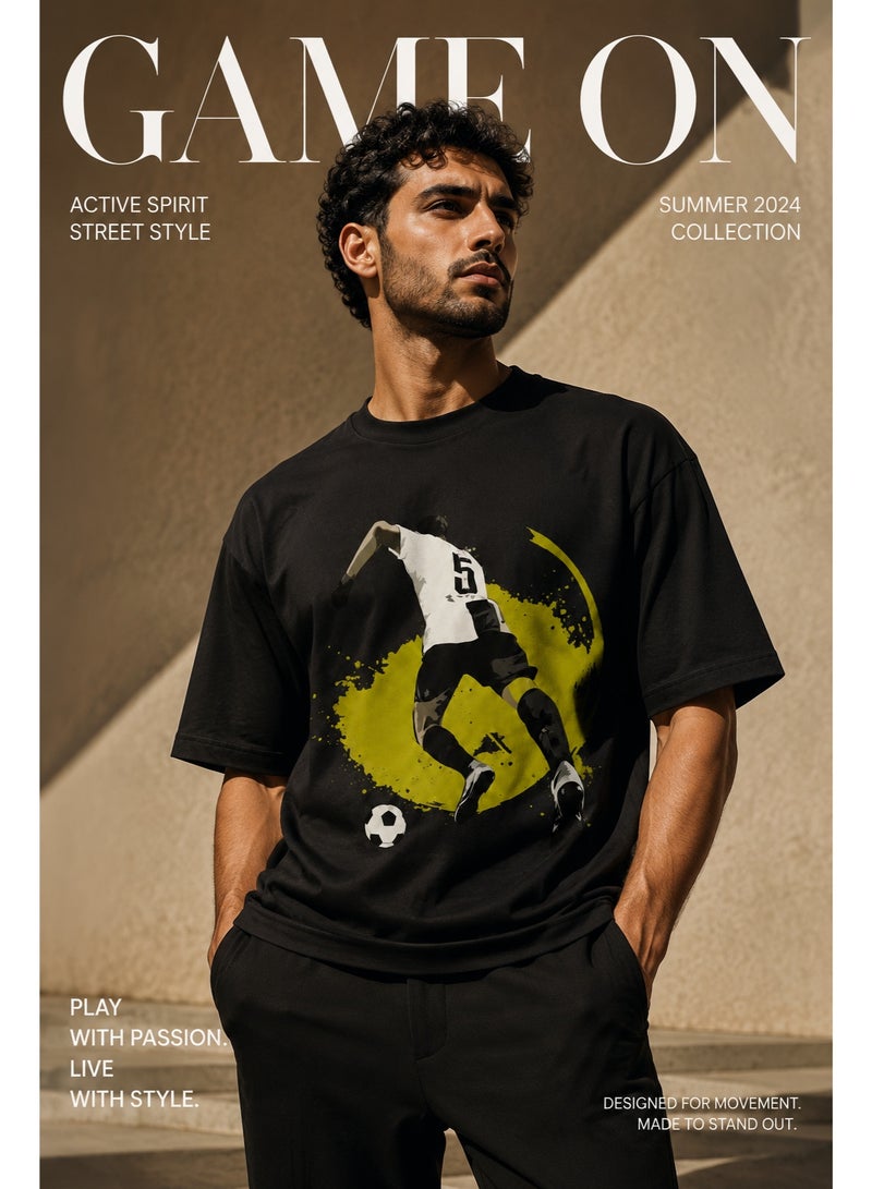 Men's Cotton Short-Sleeve T-Shirt with Soccer Player Graphic Print, Black - Image 3