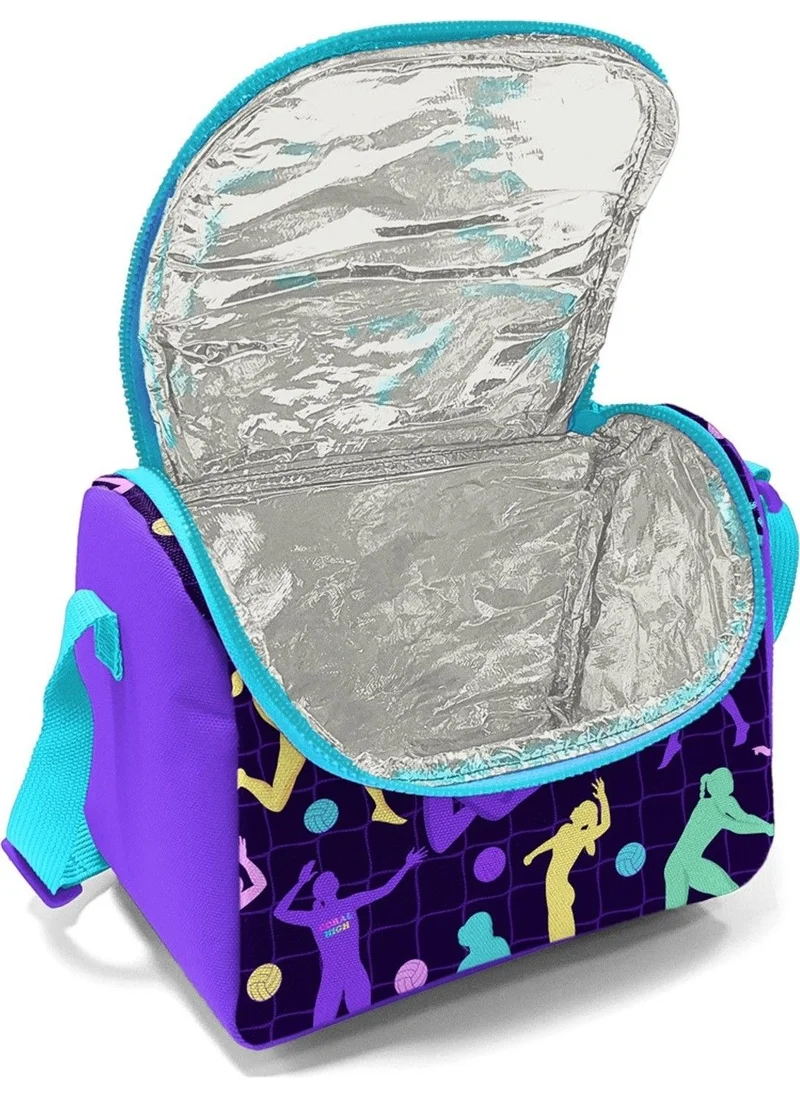 كورال هاي Purple Volleyball Patterned Girl Thermal Insulated Lunch Bag and Pencil Case Set