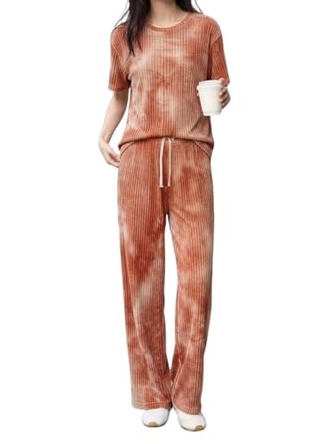 SMOWKLY Women’s Tie-Dye Pajama Set | Relaxed Fit Short Sleeve Top & Long Pants Sleepwear | Soft & Comfy Lounge Wear Set with Pockets winter wear for women | Trendy Korean Co-ord Set (1682_ORNG_L) - Image 1