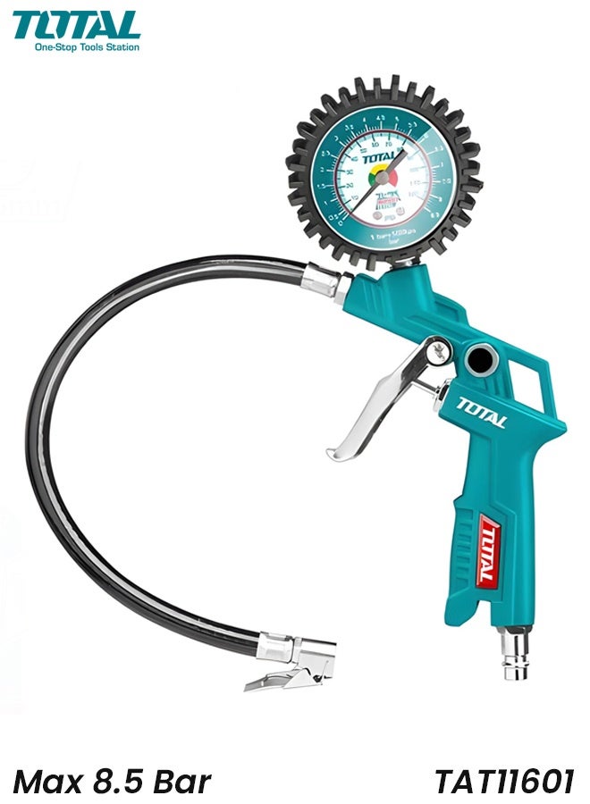 توتال مقياس ضغط الإطارات TOTAL TAT11601، مسدس ضغط هواء بحد أقصى 8.5 بار مع عداد تناظري، خرطوم هواء عالي الضغط وموصل سريع، منفاخ إطارات عالي التحمل للسيارات والدراجات النارية والشاحنات والسيارات الرياضية متعددة الاستخدامات، أداة دقيقة لفحص ضغط الإطارات ونفخها. - Image 1