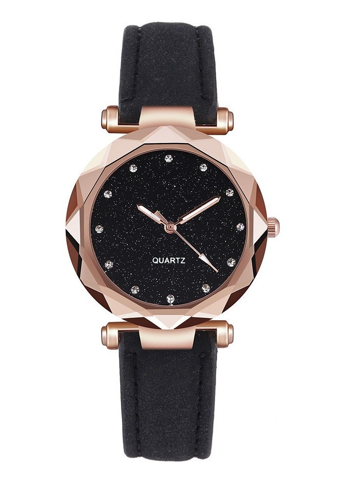 Women's rhinestones watch frosted leather strap casual trend watch bracelet two piece set  - Image 2