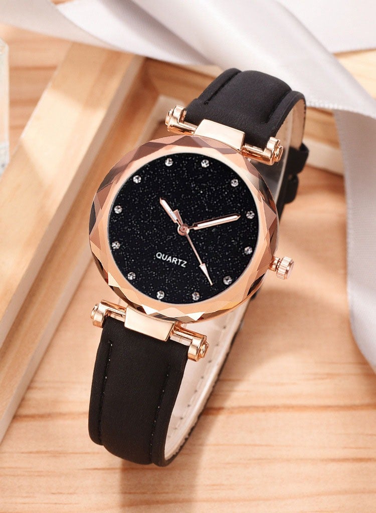 Women's rhinestones watch frosted leather strap casual trend watch bracelet two piece set  - Image 3