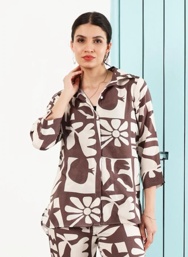 Athena Brown Graphic Print Shirt with 3/4 Sleeves