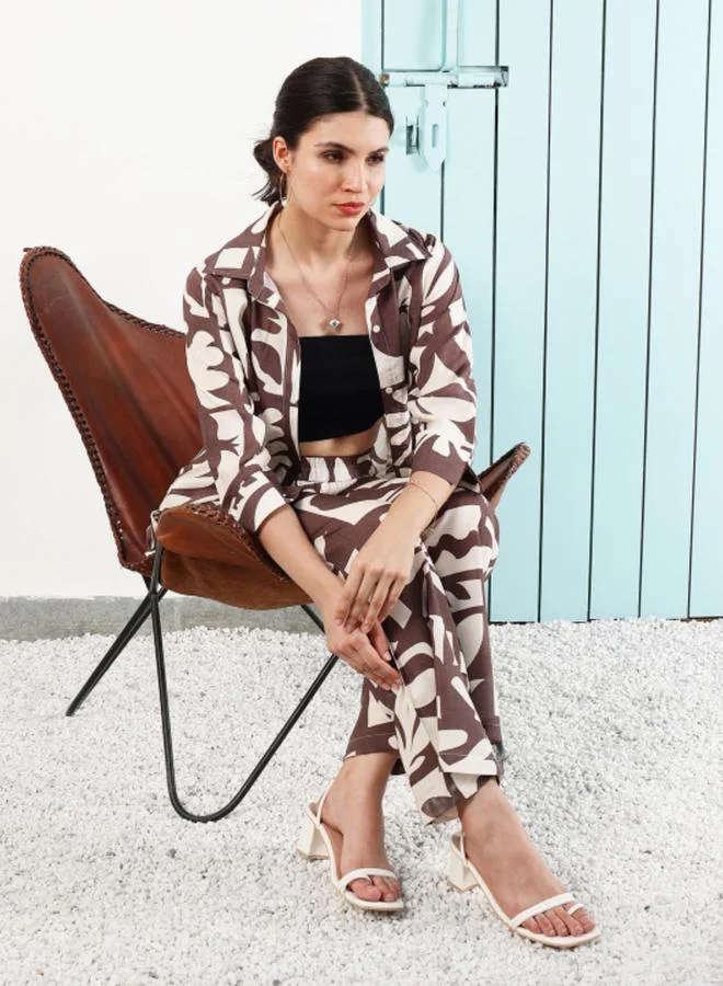 Athena Brown Graphic Print Shirt with 3/4 Sleeves