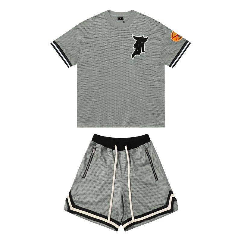 Correct Version of FOG Multi-line ESSENTIALS New Letter Printed Short-sleeved Loose High Street Sports Shorts Set Gray complete set 