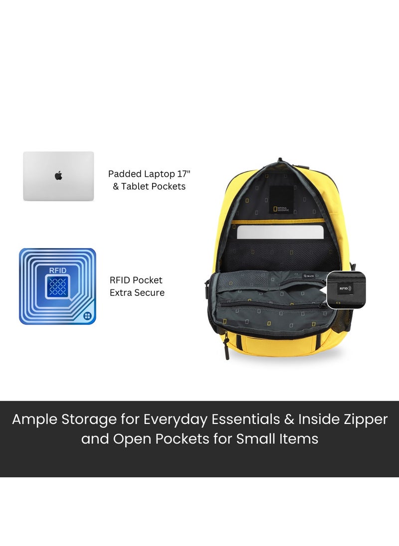 NATIONAL GEOGRAPHIC - حقيبة ظهر National Geographic Box Canyon RPET Polyester باللون الأصفر - مقاومة للماء وخفيفة الوزن ومتينة ومقاومة للصدمات ومناسبة للعمل المدرسي، حقيبة كمبيوتر محمول مبطنة كاجوال، حقيبة سفر للرجال والنساء - Image 1