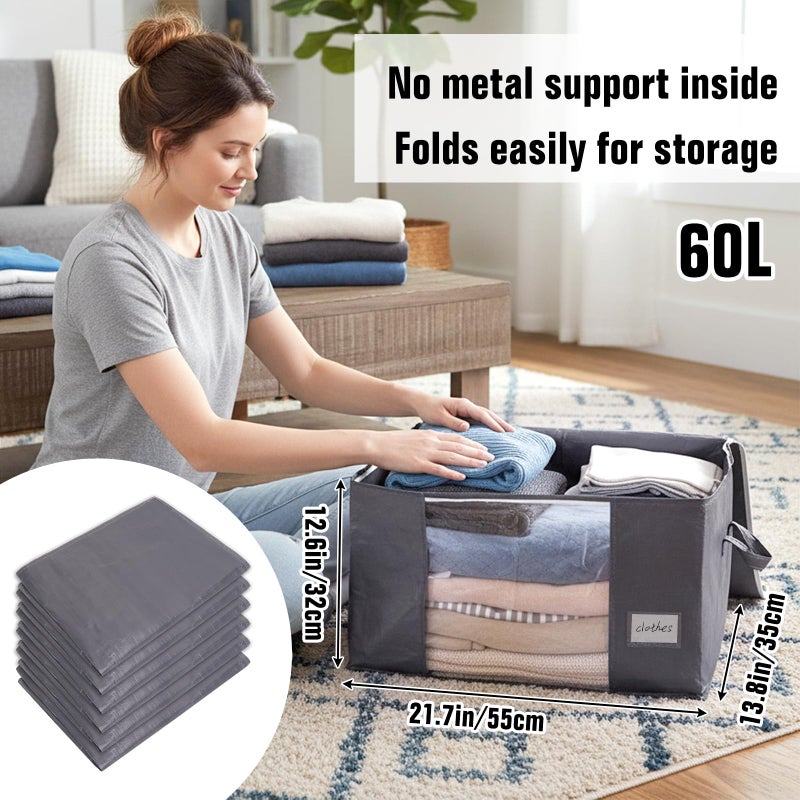 YGEOMER 6 Pack Heavy Duty Blanket Storage Bags Clothes Storage Foldable Closet Organizers Containers with Reinforced Handle for Clothing, Blanket, Comforters, Bed Sheets, Pillows and Toys, Grey 60L - Image 2