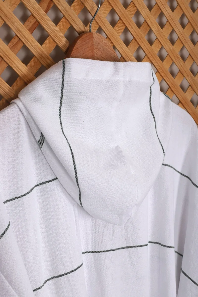 Mira Home Hooded Unisex White Striped Bath Sea Beach Peshtemal Bathrobe Cotton