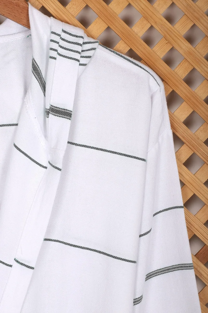 Mira Home Hooded Unisex White Striped Bath Sea Beach Peshtemal Bathrobe Cotton