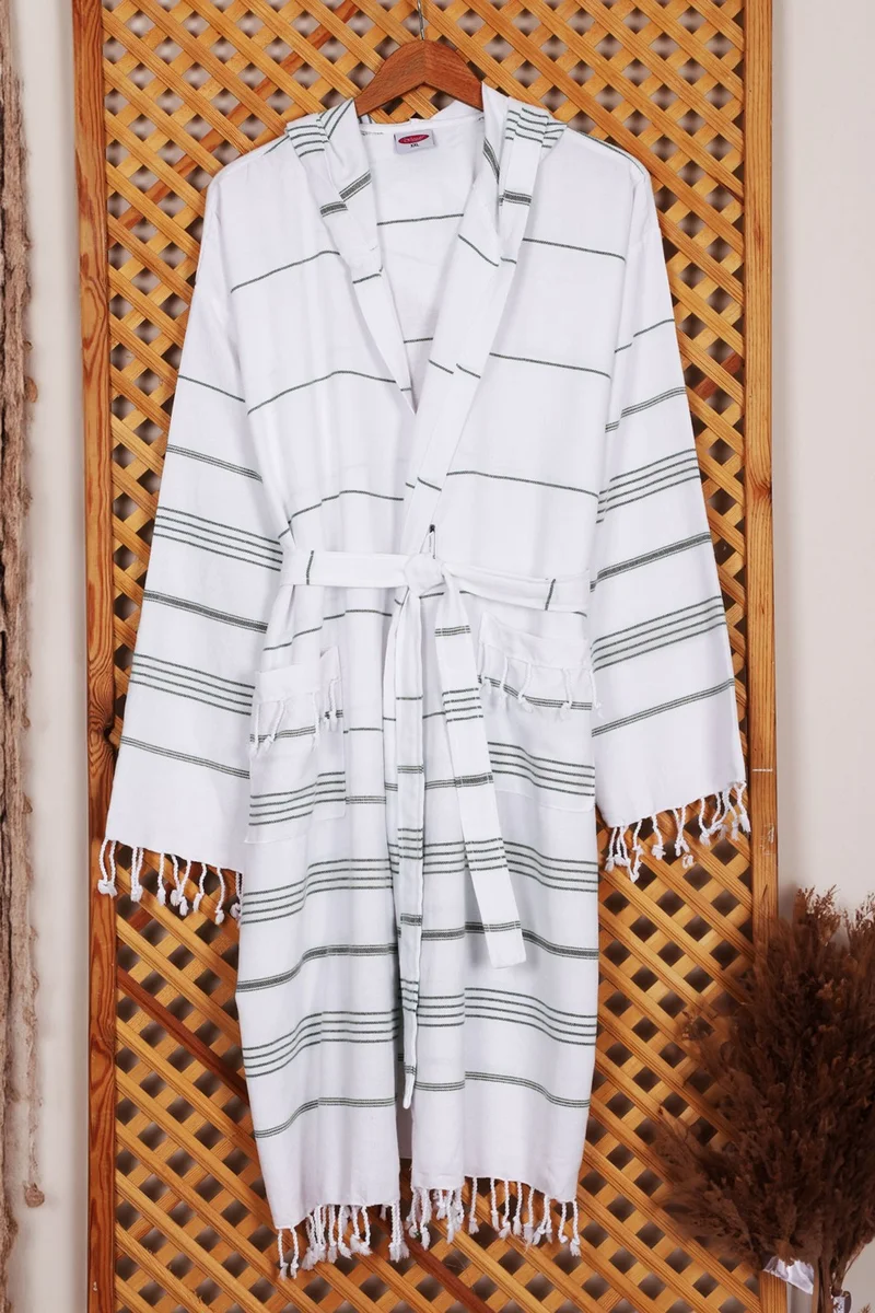 Mira Home Hooded Unisex White Striped Bath Sea Beach Peshtemal Bathrobe Cotton