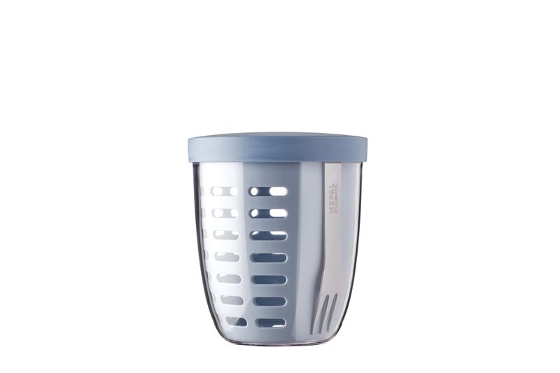 Mepal – Fruit & Veggie Pot Ellipse – Fruit Container – Ideal For Fruit and Vegetables On The Go – Fruit Box With Fork & Colander – 600 ml – Nordic Blue - Image 1