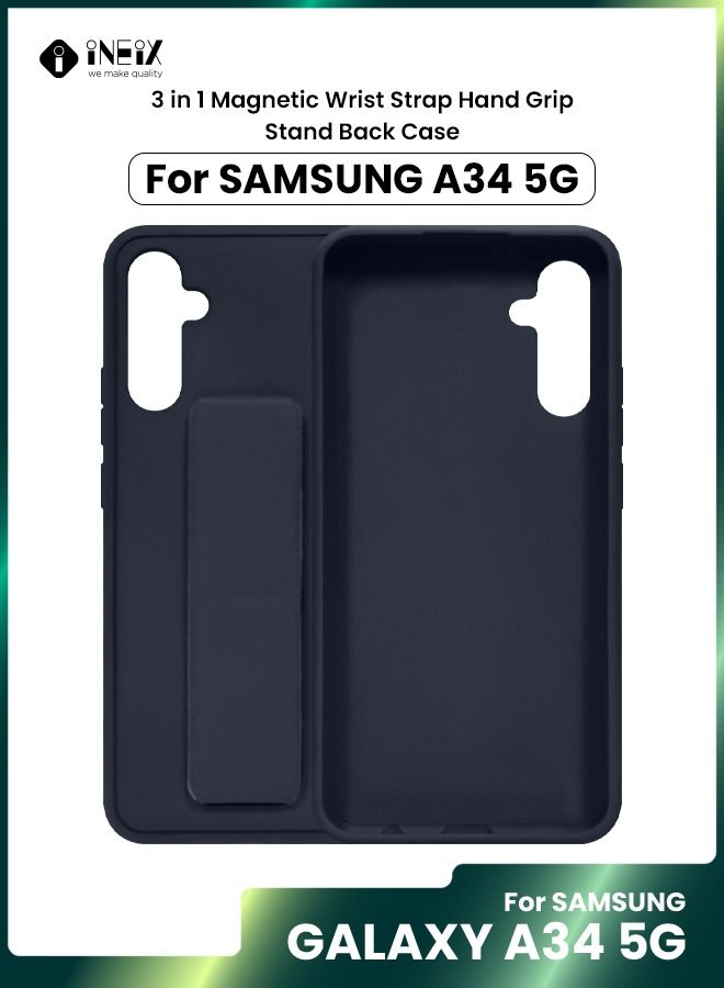 INEIX 3-in-1 Magnetic Wrist Strap Hand Grip Stand Back Case Cover for Samsung Galaxy A34 5G-Navy Blue - Image 1