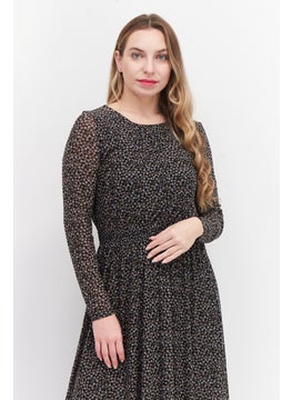 Zero Women Allover Print Midi Casual Dress, Black Combo  - Image 3